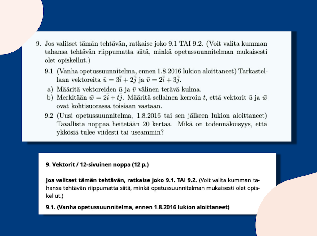 Esimerkkitehtävät siitä, miten opetussuunnitelman muutokset vaikuttavat